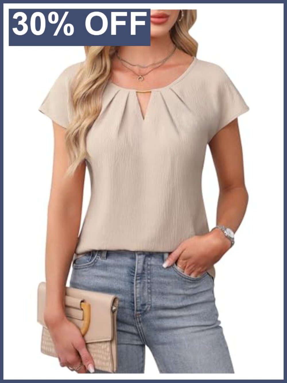 Womens Business Casual Dressy Work Blouse Cap Sleeve Pleated Top